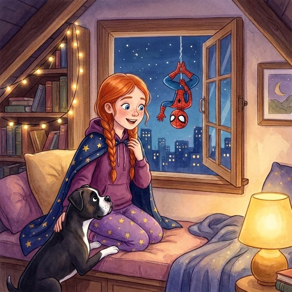 Malana, a girl with red hair in two long braids and star pajamas, kneels by the window of a cozy attic bedroom at night with her black-and-white boxer dog beside her. Outside the open window, a friendly spider hero in a red and blue suit hangs upside down from a web line, waving hello over the twinkling city.