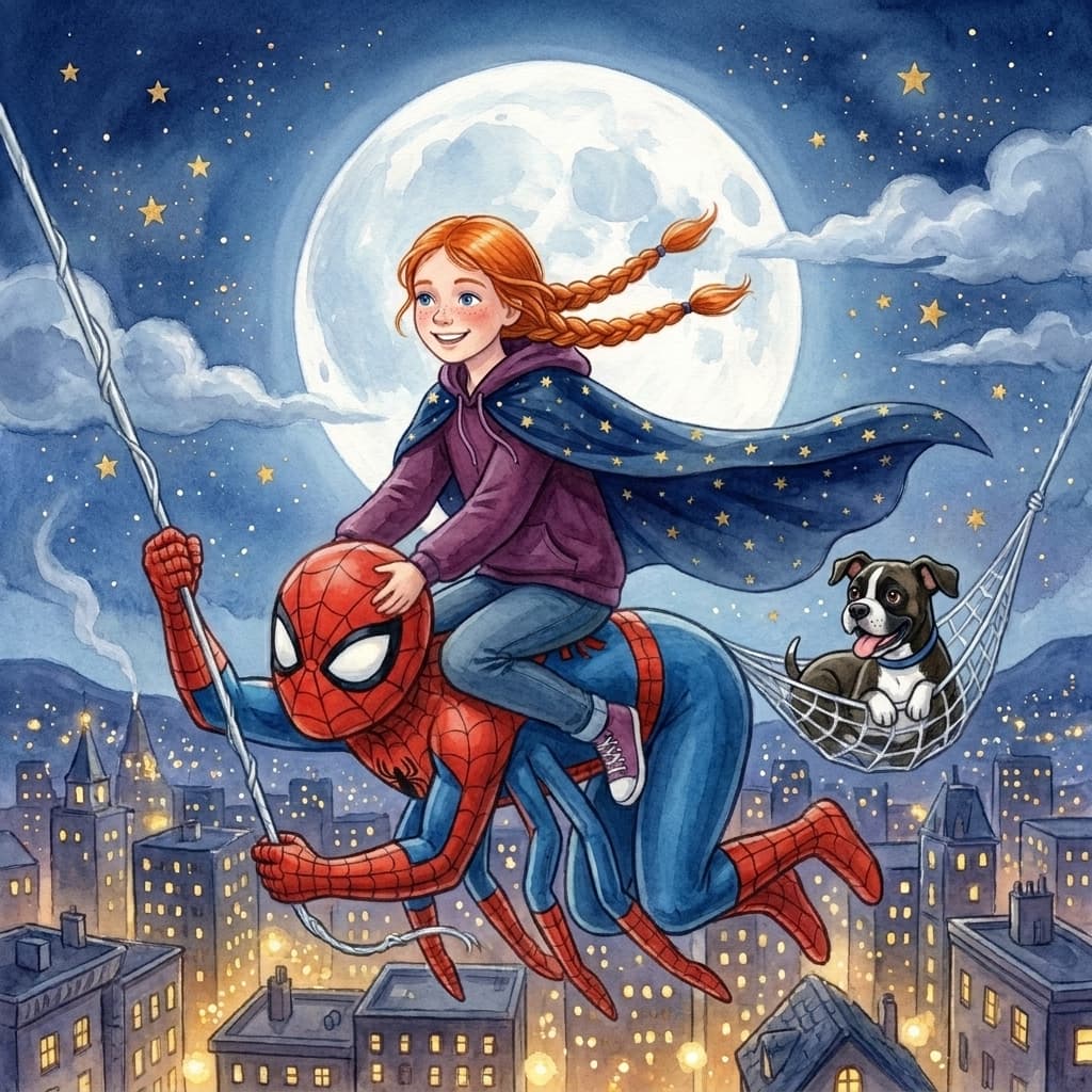Malana rides on the back of the friendly spider hero as he swings on a web line high above a glowing city at night, a huge full moon behind them, her braids and starry cloak streaming. Her boxer dog rides along happily in a little web hammock.