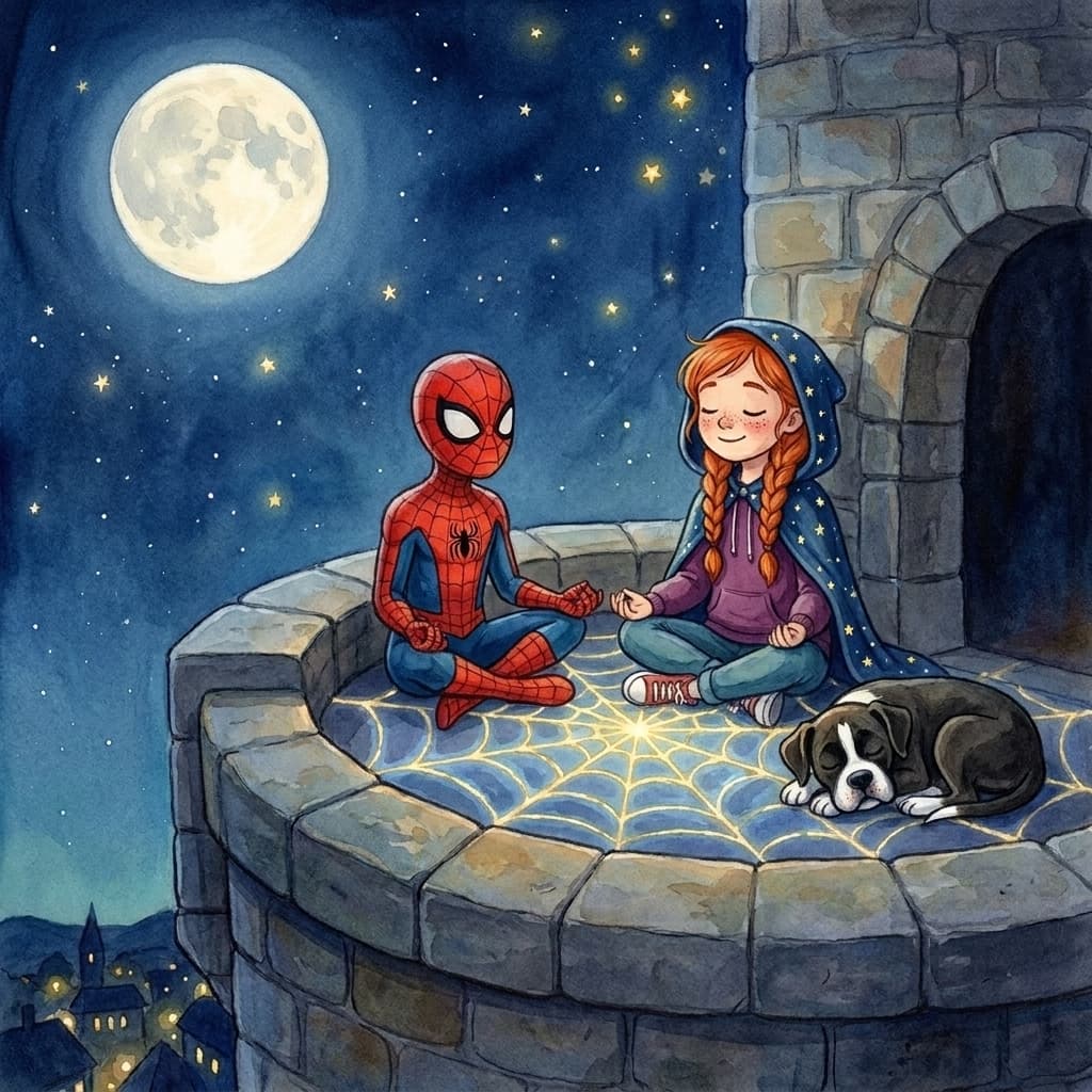 On a quiet rooftop under a big bright moon, the spider hero and Malana sit cross-legged facing each other doing slow calm breathing with their eyes closed, a softly glowing web pattern spreading around them like gentle light. Her boxer dog sleeps curled up beside her.