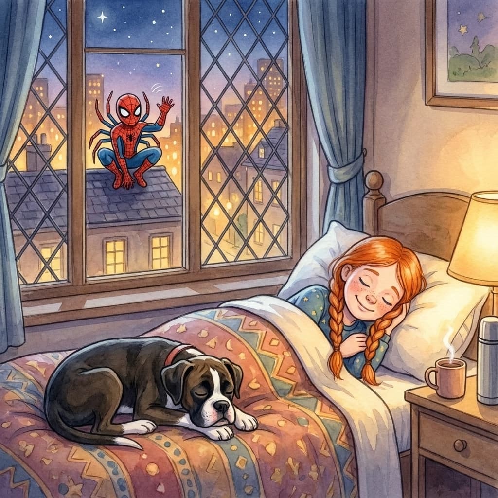 Malana asleep and smiling under a warm patterned quilt, her boxer dog curled at her feet, a lamp glowing softly. Through the window, the friendly spider hero crouches on a rooftop across the street and waves goodnight over the warm city lights.